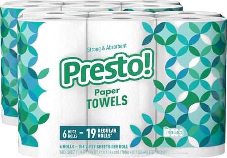 Amazon Brand - Presto! Flex-a-Size Paper Towels 158 Sheet Huge Roll 6 Count (P