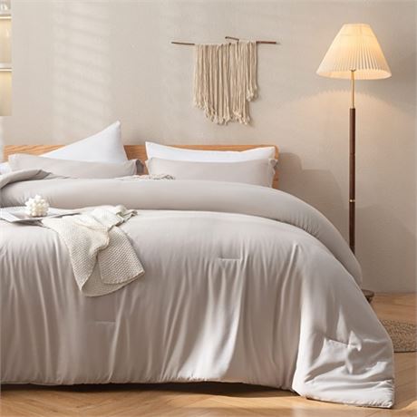 JANZAA 7-Piece Queen Comforter Set - Oatmeal Microfiber with Sheets Pillowcase