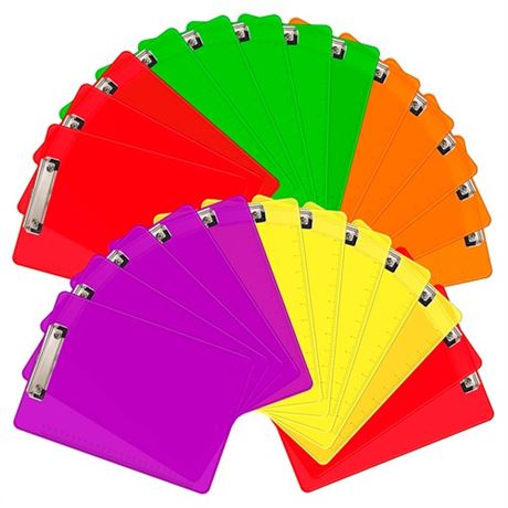 Bright Clear Colored Clipboards 25 Pack - Plastic Clip Boards Bulk with Low Pro