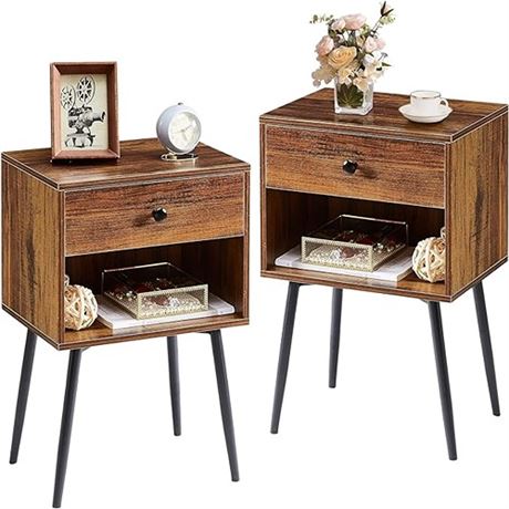 VECELO Nightstands Set of 2 Industrial 2-Tier Night StandSide Drawer Wood Mid