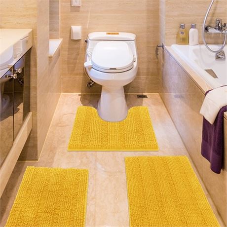 ACCUMTEK Striped Yellow Bathroom Rug Set 3 Pieces Ultra Soft Non Slip Chenille