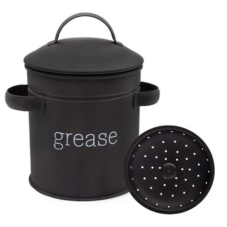 AuldHome Enamelware Grease Container with Strainer (Black) Farmhouse Style Kitc