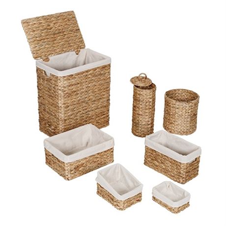 7-Piece Water Hyacinth Woven Bath Accessory Set in NaturalWhite