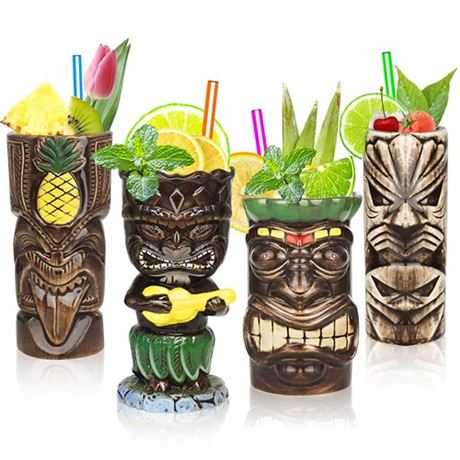 SuproBarware Tiki Mugs Set of 4 Ceramic Hawaiian