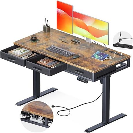 Electric Standing Desk with Drawers Height Adjustable Desk with Power Outlets &