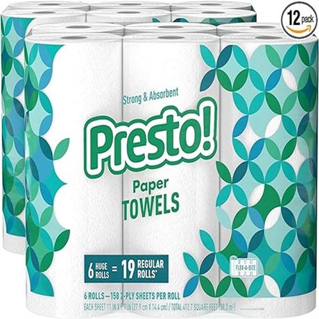 Amazon Brand - Presto! Flex-a-Size Paper Towels 158 Sheet Huge Roll 12 Rolls (