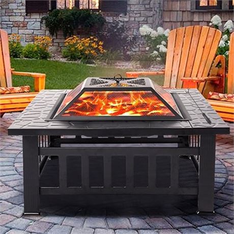 Fire Pits for Outside  32  Wood Burning Fire Pit Tables with Screen Lid  Poker
