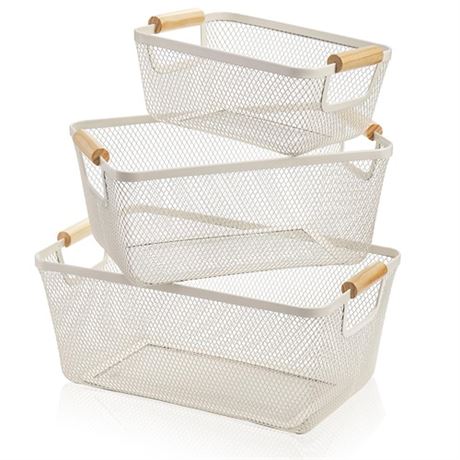 Noamus 3 Pack Metal Mesh Baskets with Wood Handle