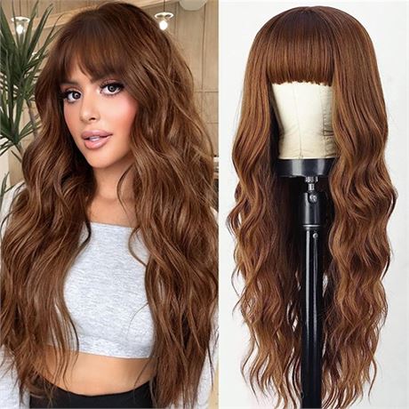 AISI QUEENS Auburn Wig with Bangs Long Wavy Ombre Auburn Wigs for Women Hair Re