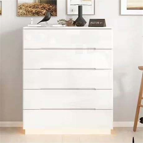 High Gloss White Wood 5-Drawer Chest of Drawers Storage Organizer With LED Light