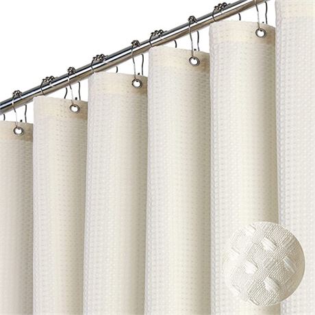 Dynamene Ivory Fabric Shower Curtain - Waffle Textured Heavy Duty Cloth Curtain