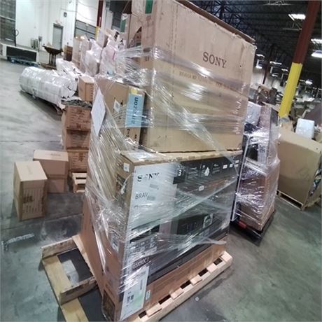 Pallet containing 13 broken televisions of large sizes from brands Sony TCL an