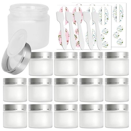 15 Pack 2 oz 60ml Frosted Glass Jars with Silver Lids & Inner Liners Empty Matt