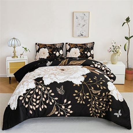 URBONUR 3 Pcs Black and Gold Floral Comforter Set King Size White Flowers Butte