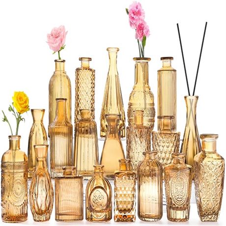 20 Pcs Amber Gold Glass Bud Vases- Set Amber Gold Small Vases for Flowers Vinta