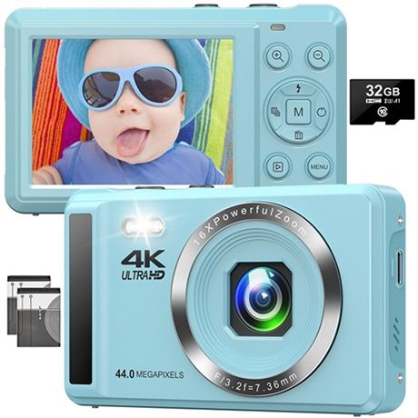 Digital Camera 4K 44MP Compact Camera with 16X Digital Zoom Auto-Focus Kids Poi