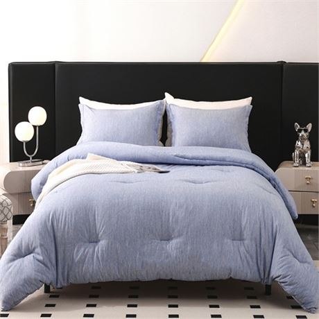 DOWNCOOL Queen Comforter Set 3 Pieces Blue Comforters Queen Size All Season Be