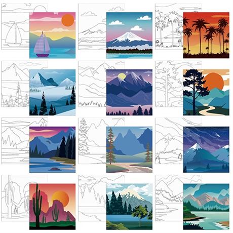 Sherr 12 Pcs Pre Printed Canvas Cute Canvas Painting Set for Kids Printed Canva