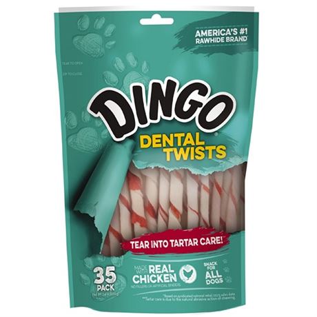 Dingo Dental Twists Dog Chews  35 Count  Natural Chewing Action Helps Clean Tee