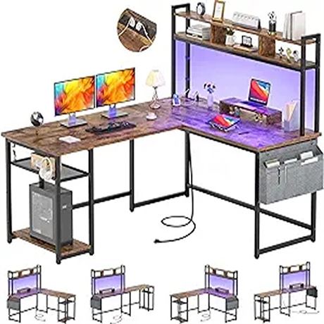 Aheaplus L Shaped Desk with Power Outlet & LED Str