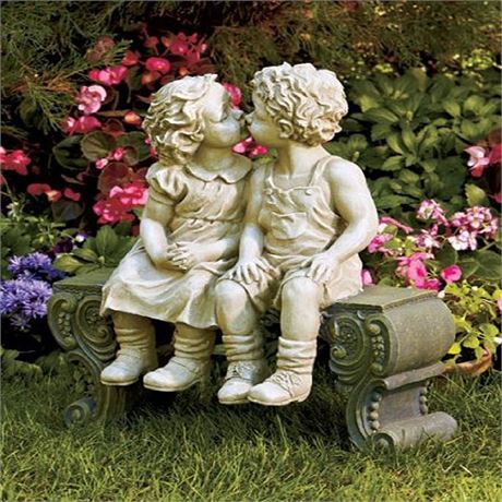 Cute Garden Smooching Children Boy Girl Sitting on Bench Statue Whimsical Flowe