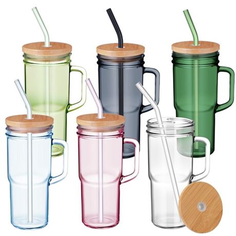 Hushee 6 Pcs 24 oz Glass Cups with Lids and Straws