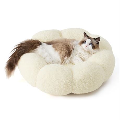 Lesure Calming Cat Beds for Indoor Cats - Cute Flower Pet Beds in Teddy Sherpa