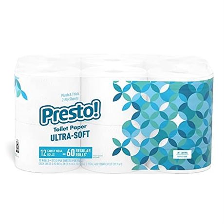 Amazon Brand - Presto! 313 2-Ply Sheet Mega Roll Toilet Paper Unscented Ultra